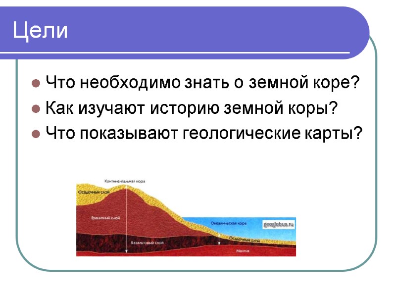 Цели  Что необходимо знать о земной коре? Как изучают историю земной коры? Что